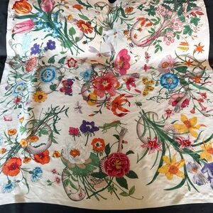 Colorful Botanical Silk Scarf with Floral & Snake Motif Gucci